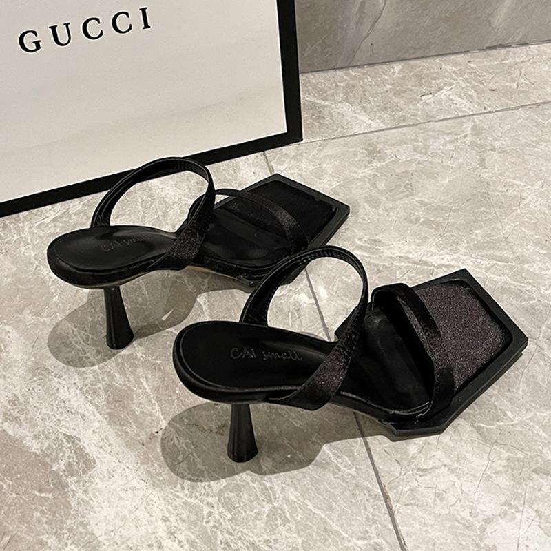 Black One-word Sandals New Summer Internet Celebrity High Heels French Women's Shoes Thin Heel Square Head Sandals Tide
