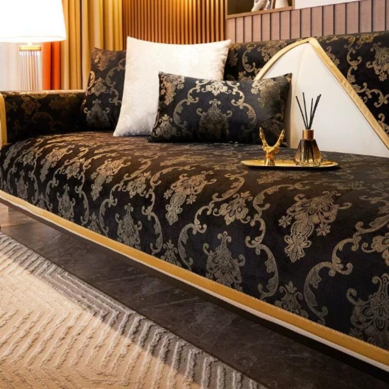 Luxury Embroidery Velvet Sofa Cover for Living Room, Non-Slip, Stamping Stripes, Cushion Mat, Sofa Towel, Home Couch Decor