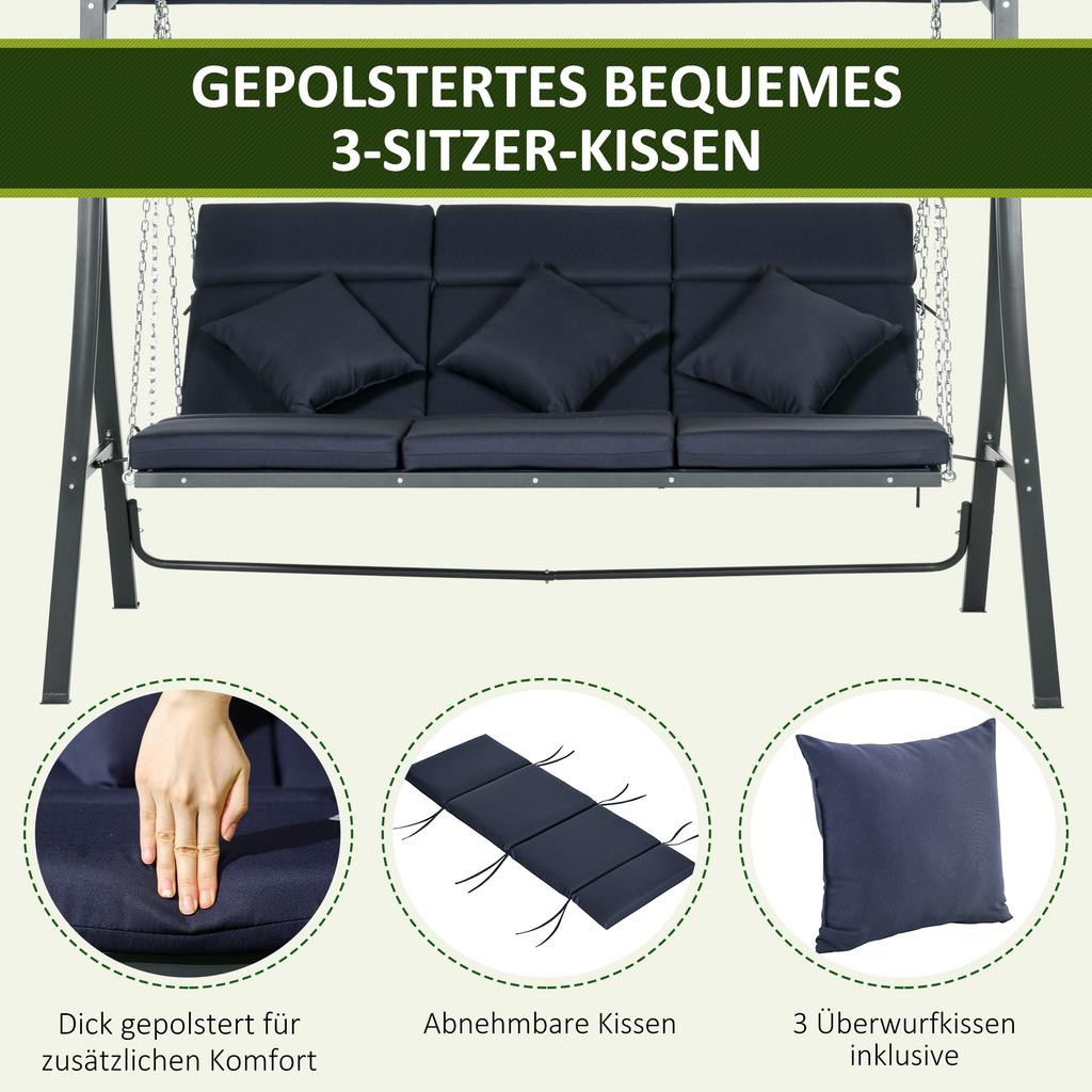 Altalena da Giardino Hollywood Swing, 3 Persone, Tettoia Parasole Regolabile, 198 x 118 x 168 cm, Blu Scuro