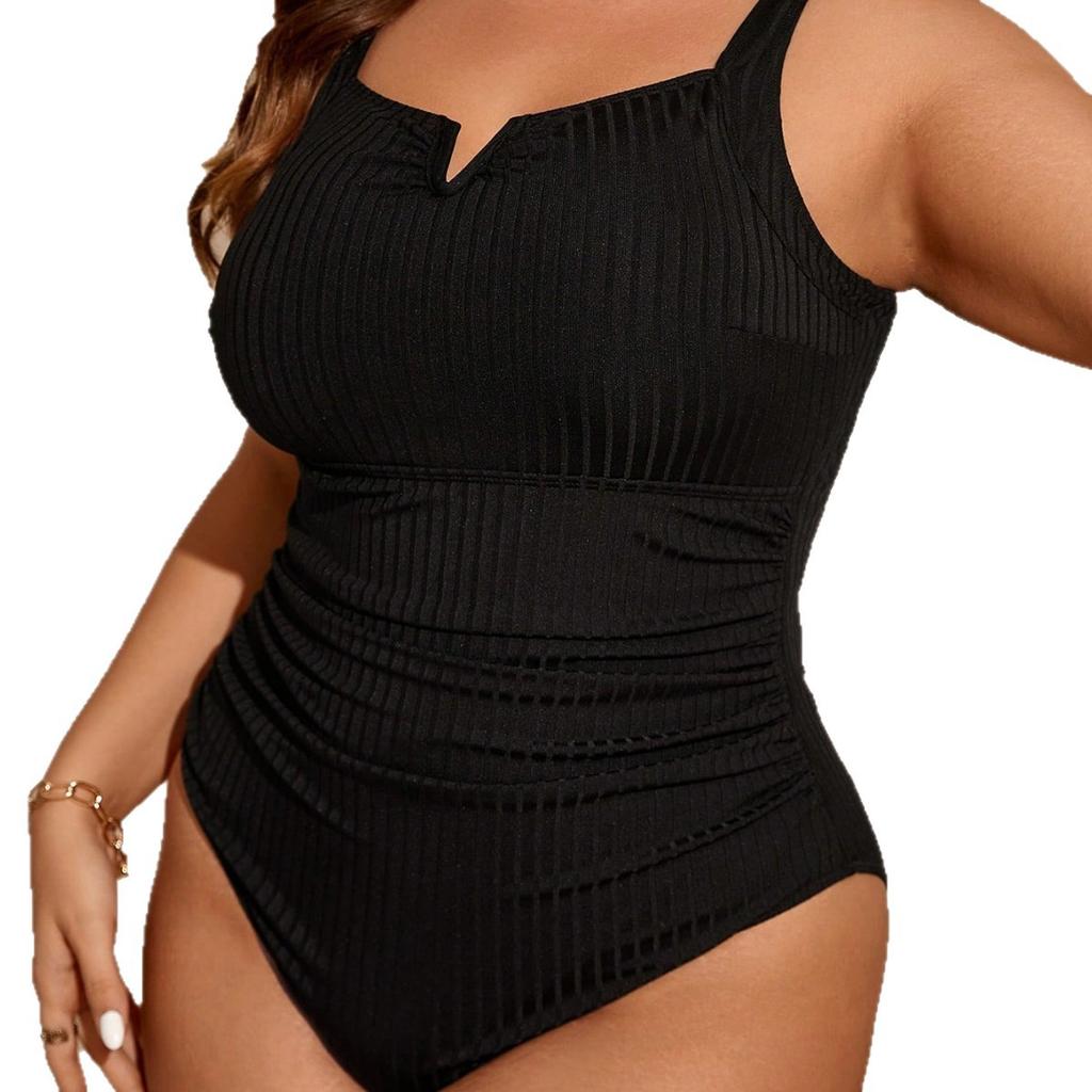 Women's Plus Size Ribbed One Piece Swimsuit, V Notch Tummy Control Triangle Bathing Suit