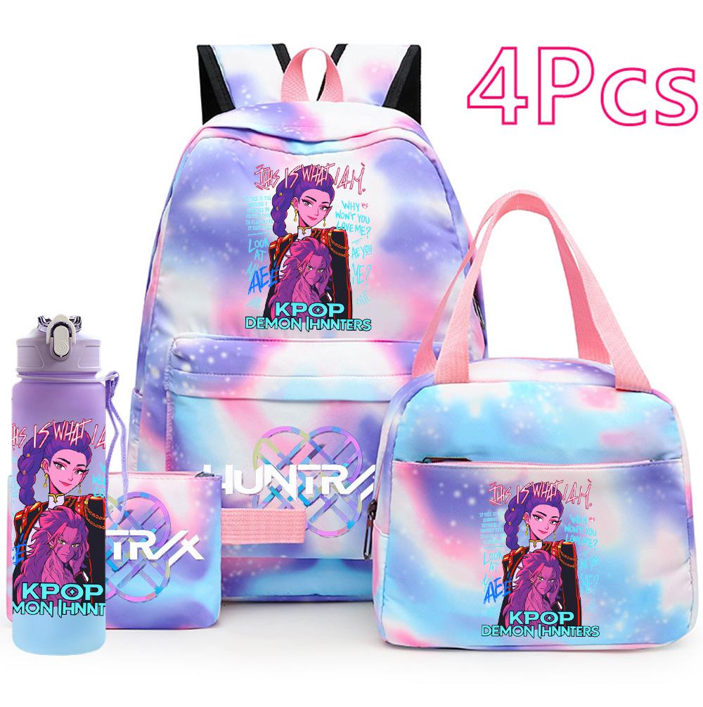 4Pcs/set Cartoon K-Pop Printed Backpack Handbag Pencil Case with 750Ml Water Bottler for Teenager Boy Girl Schoolbag Large Capacity Bookbag Mochila