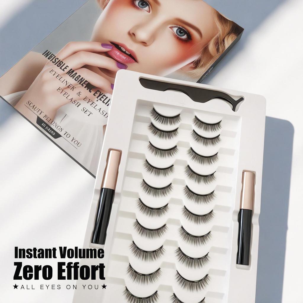 Dual Eyelid Set: Magnetic Liquid Eyeliner with Natural Long Thin False Eyelashes