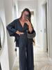 Women's Casual Set V-Neck One-Button Loose Long Sleeve Top High Waist Wide Leg Pants Two Piece Vintage Style Outfit
