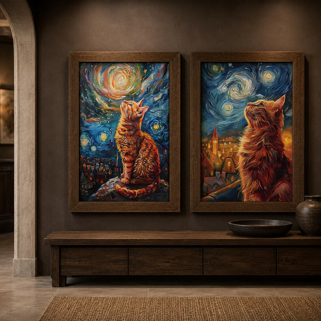 Tier-Wandkunst im Vintage-Stil, Nordische impressionistische Katzen-Leinwandmalerei, Verspielter getigerter Poster-Druck für Schlafzimmer-Wohnzimmer-Dekoration