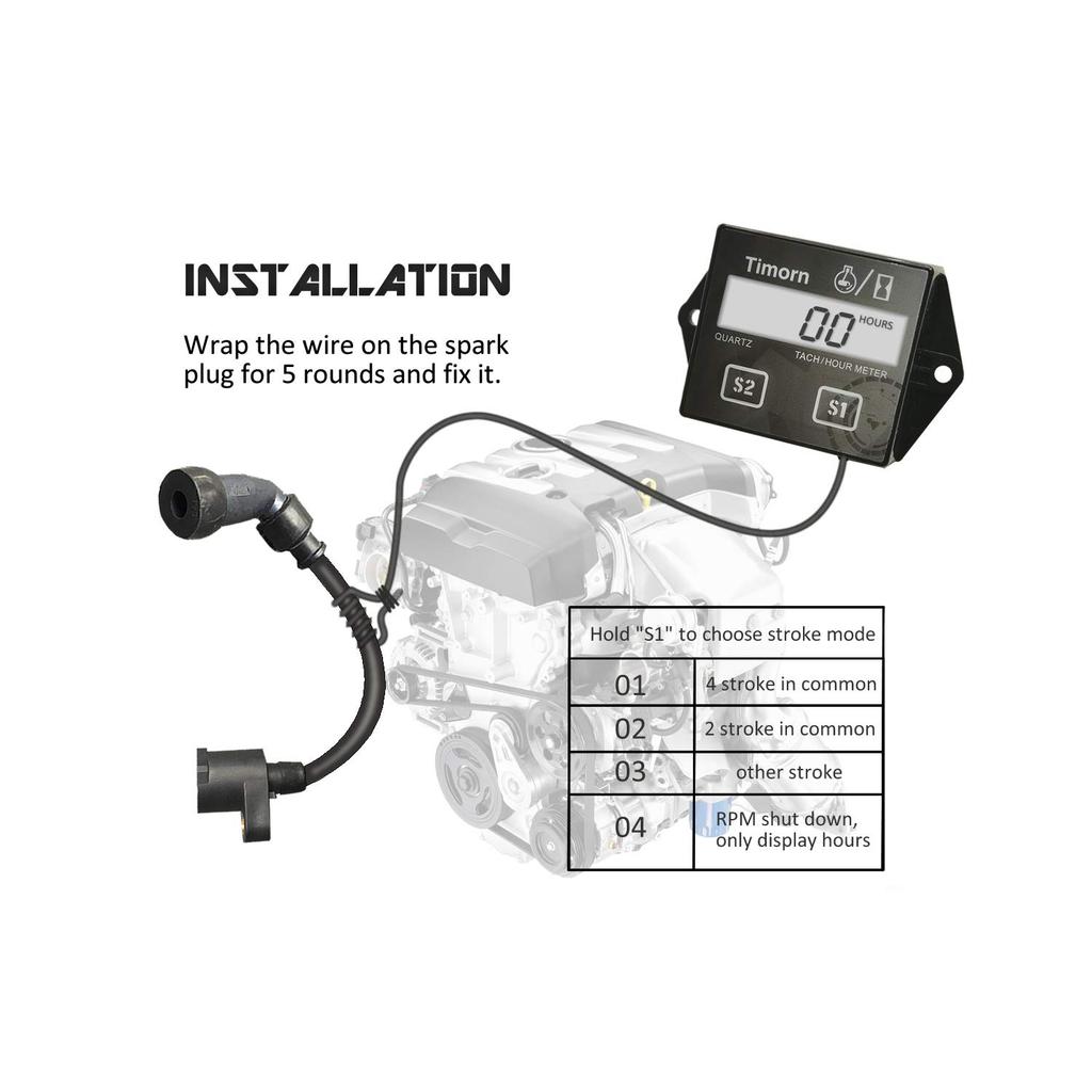 Tachometer For Small Engine,Inductive Hour Meter For 2 Stroke & 4 Stroke Small Engine, Timorn Replaceable Battery Waterproof Tachometer For Chaaw