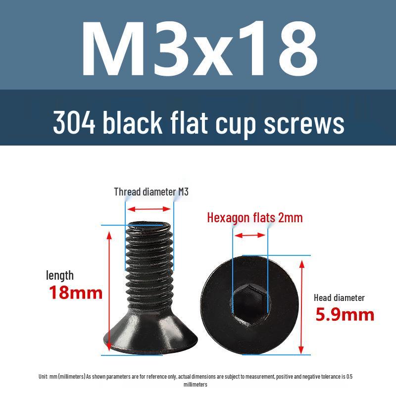 Yigu Black 304 Stainless Steel Extended Flat Head Hex Socket Screws (M2, M3, M4)