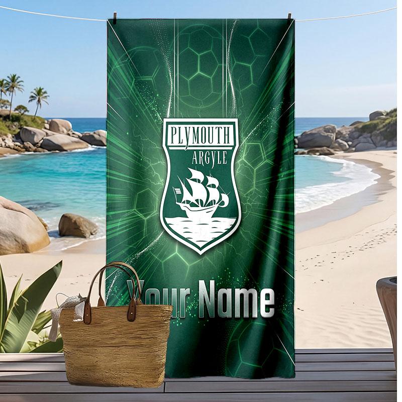 Plymouth Argyle FC Gepersonaliseerde Bedrukte Strandlaken Voetbal Logo Steun Aangepaste Naam Tekst Absorberende Handdoek Voor Sport Reizen Speciaal Cadeau