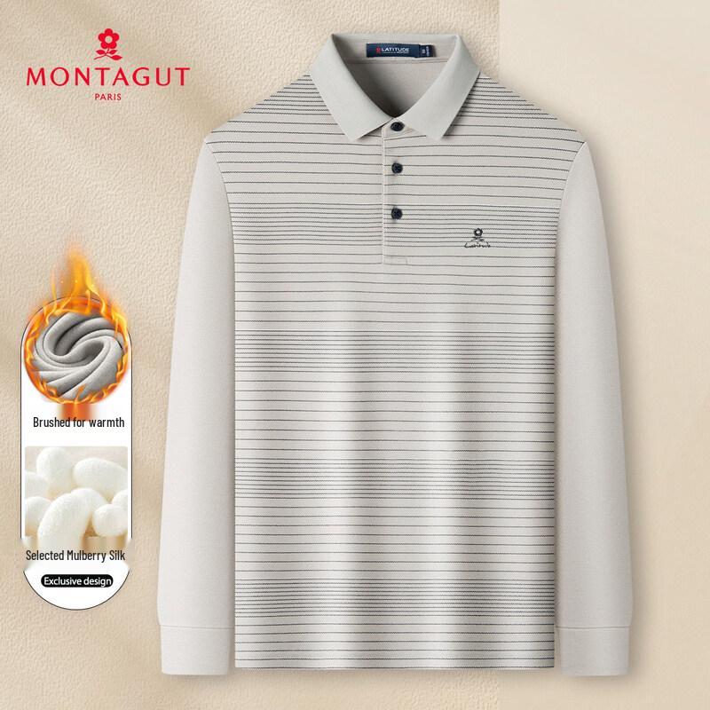 MONTAGUT Men s Silk Blend Brushed Striped Long-Sleeve Polo Shirt 48