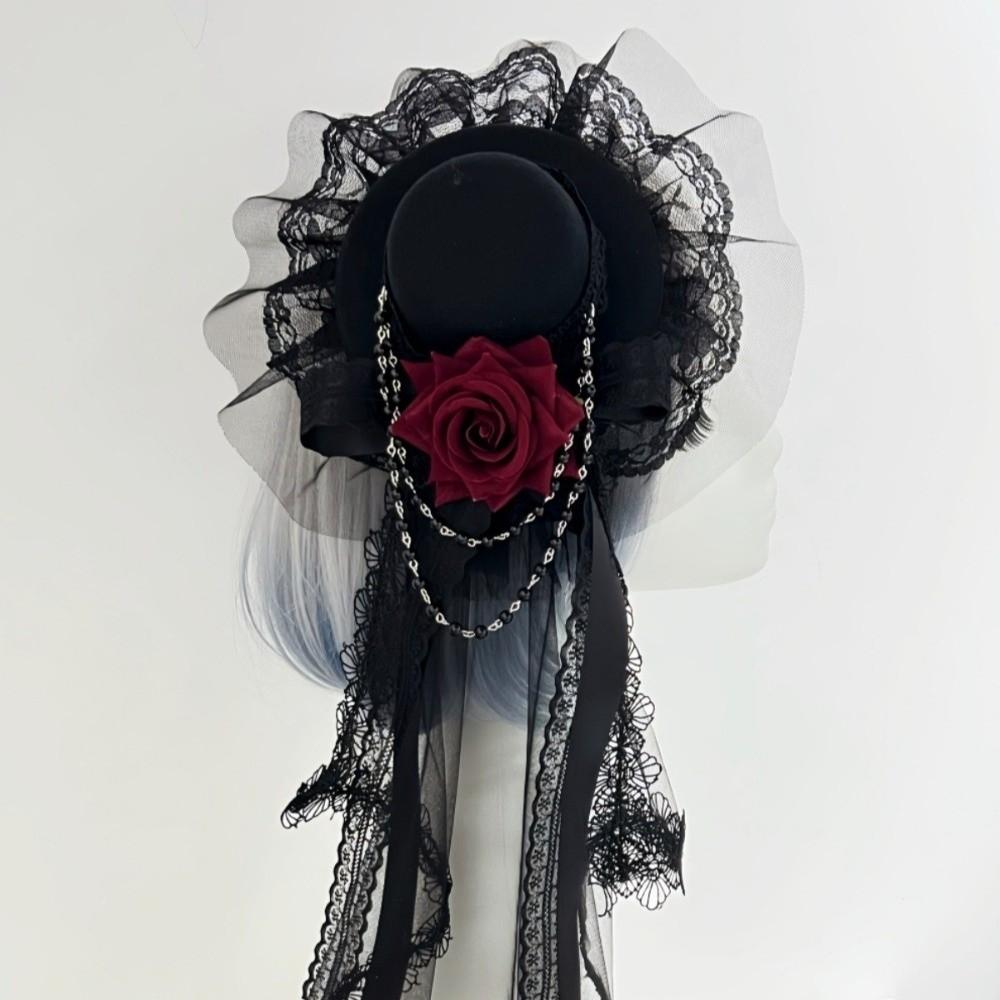 Rose Decoration Mini Top Chiffon Rose Hat Lace Retro Small Top Hat Gothic Lace Veil Fashion Items