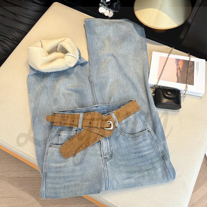 

Women s Vintage Velvet-Lined High-Waisted Wide-Leg Jeans with Belt - Floor-Length Slim-Fit Winter Pants XL