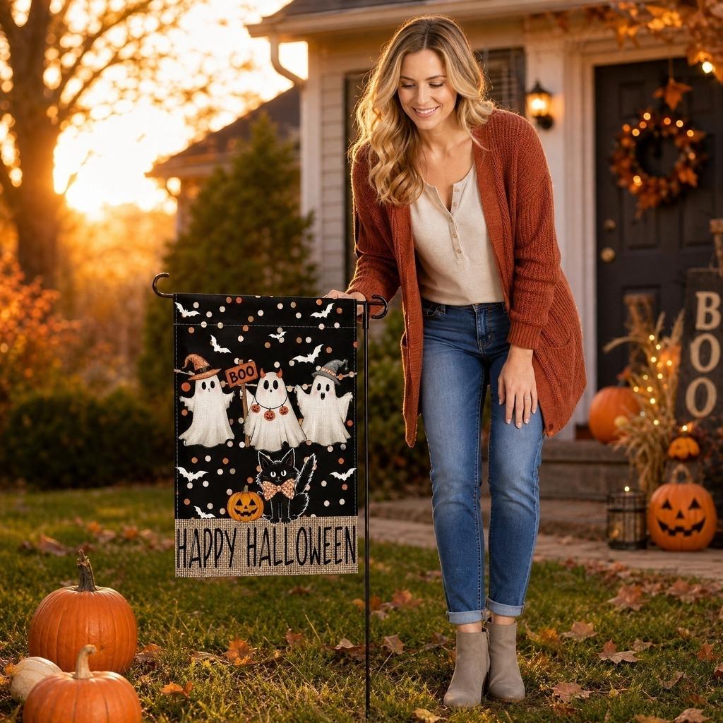 Halloween Decorative Garden Flag Trick or Treat Design with Pumpkins Spider Webs and Bats for Outdoor Yard Display 45x30cm