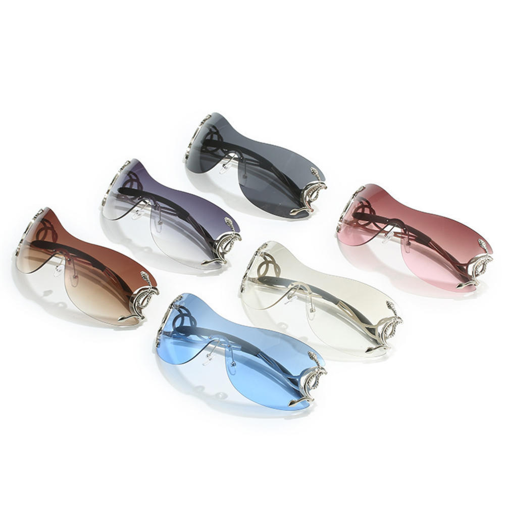 Rimless Gradient Snake Shaped Mirror Leg Sunglasses Oversized Y2k Trendy Wrap Around Punk Technological Goggles Shades Women