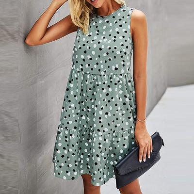 ქალთა A-line კაბა დიდი Hem Dots Print უსახელო O კისრის Sundress ზაფხულისთვის