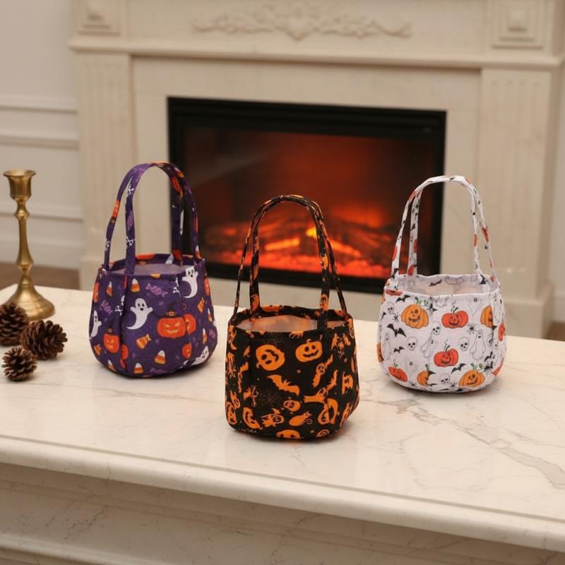 Halloween Trick Or Treat Candy Bags With Cute Pumpkin Ghost Bat Prints For Halloween Party Candy Collecting Gifts Decor