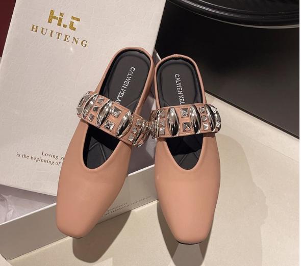 Spring Summer New Square Head Slippers Metal Buckle Thick Bottom Women Slip on Mules Shoes Fashion Korean Versatile Dress Slides