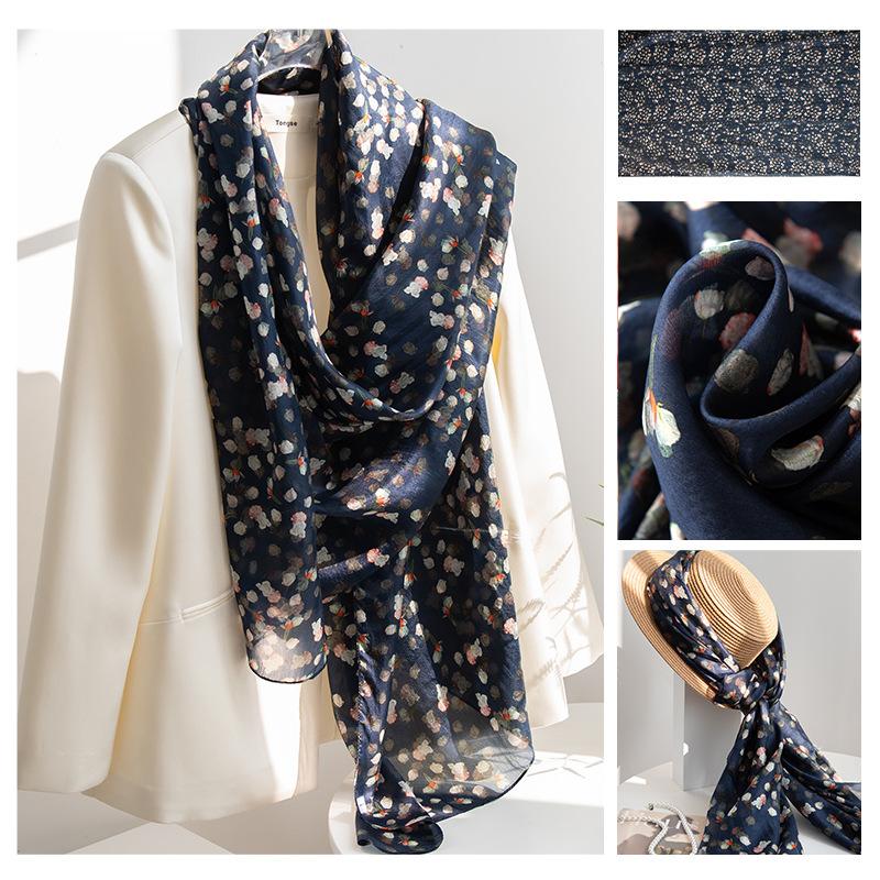 Long Strips of Silk Scarf  High-end Sense Mulberry Silk Scarf  Women's Fresh Small Floral Thin Style  Atmosphere  Big Shawl