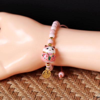 Chinese Style Cute Charm Sweet Cartoon Design Sense Ceramic Fortune Cat Fu Bracelet Originality Wish Men Women Trend String