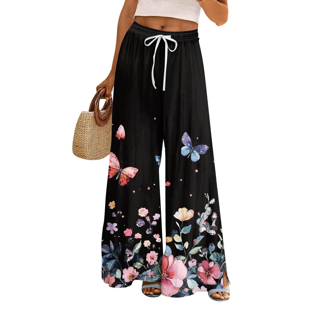 Women's Printed Wide Leg Pants With Pockets High Waist Drawstring Loose Casual Pants