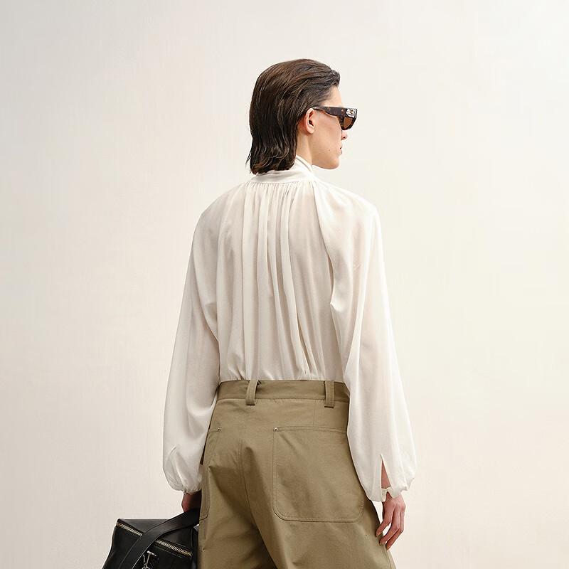 LESS 2025 Fall H-shaped Tie-neck Loose Long-sleeved Silk Blend Shirt