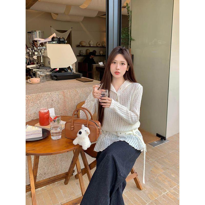 

Plus size women s autumn New arrival Korean Easiest for match Slim Looking Long sleeves shirt + Outwear + high waist Loose pants three-piece suit Culottes (Off-White) M
