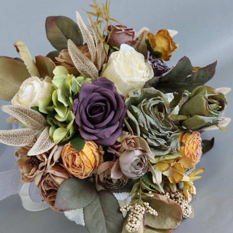 Artificial Flower Wedding Bouquet for Bride Bridesmaid Elegant Silk Flower Champagne Bridal Bouquet for Formal Occasion