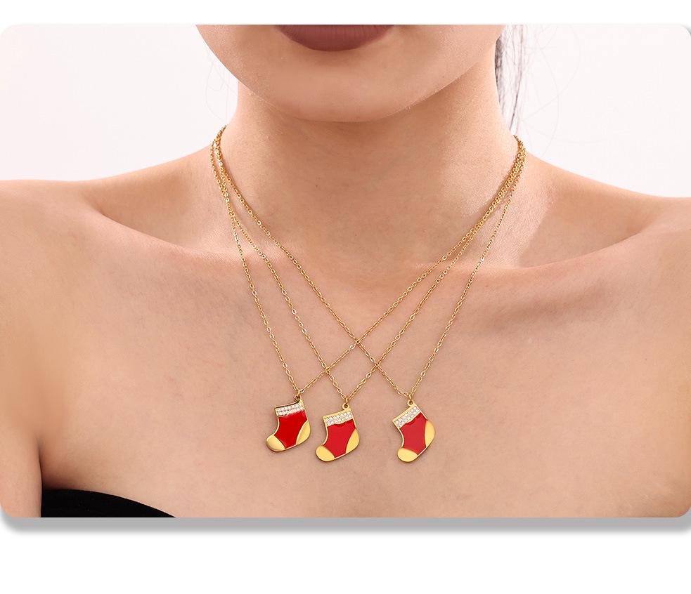 Mi Duoduo Christmas Gift: Cute Red Socks Pendant Necklace with Zircon, Gold-Plated Stainless Steel