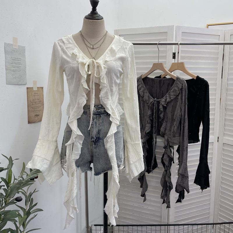 Post-Apocalyptic Style Ruffled Tie-Up Ripped Cardigan, Long-Sleeve Outer Layer