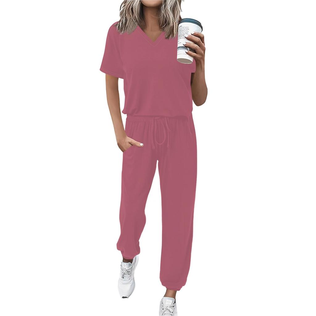 Women's Jogging Fashion V-Neck Color Short Sleeve Belt Loose Pants Tracksuit