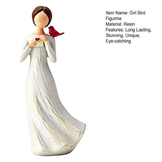 Hand Painted Girl Bird Figurine Resin Red Bird Standing on Girl's Shoulder Statue Sympathy Gifts for Loss of Loved One