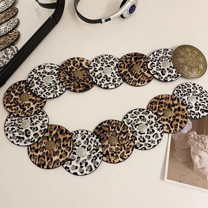 Stylish Leopard Wide Belt for Adult Western Waistband Ethnic PU Leather Embossing Buckle Waiststrap for Formal Dresses