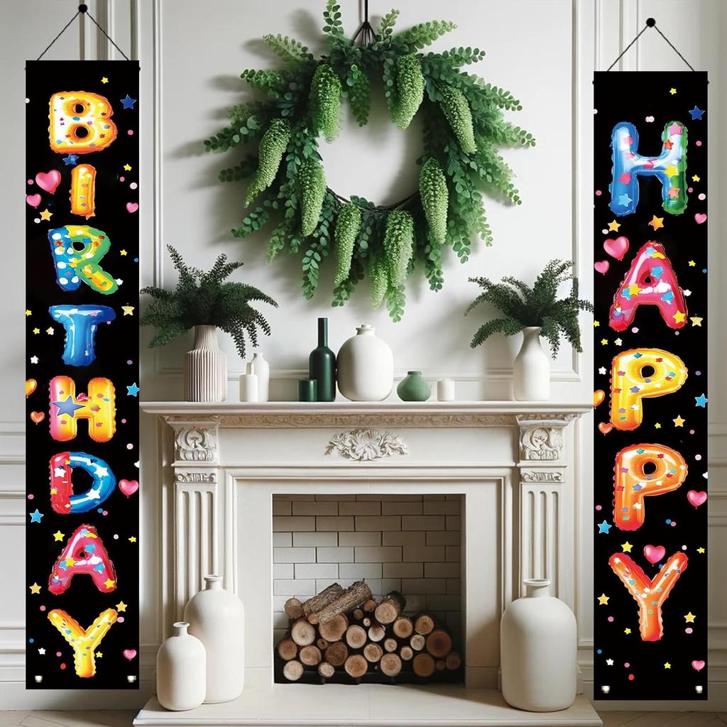 2PCS Happy Birthday Porch Hanging Banner Porch Sign Colorful Balloon Letters Party Decorations Birthday Party Supplies Door Banner Wall Hanging for