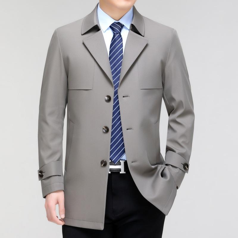 Men's Windbreaker Mid-length Jacket Spring and Autumn Business Casual Middle-aged Men's Anti-wrinkle Simple Suit Collar Thin Jacket