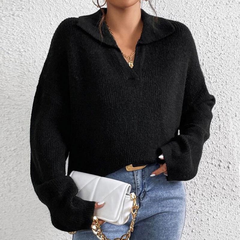 Europe, America Autumn and Winter Fashion Long-sleeved Lapel Pullover New Sweater Women's Knitted Sweater