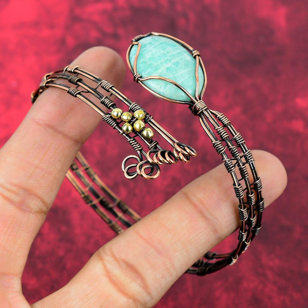 Amazonite Gemstone Cuff Bracelet Copper Wire Wrapped Bangle Handmade Copper Jewelry Adjustable Cuff Unique Bangle Wire Wrap Jewelry For Gift