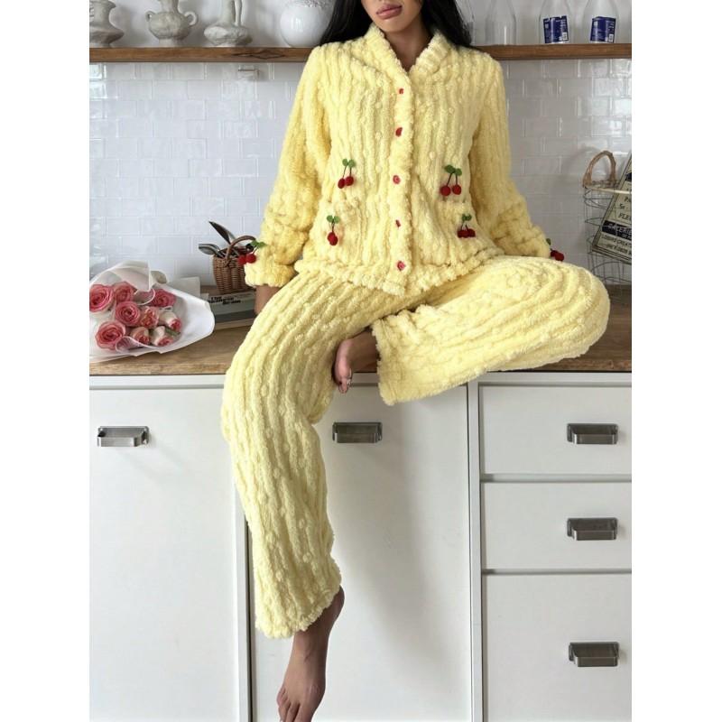 Set Pijama Călduros Căptușit cu Fleece pentru Femei Mânecă Lungă Decolteu în V Îmbrăcăminte de Noapte cu Imprimeu Cireșe Confortabil pentru Casă