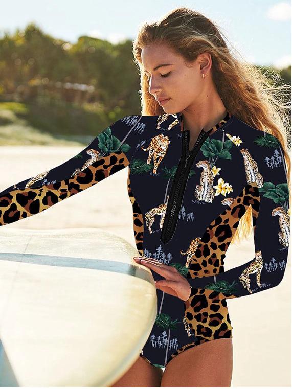 2025 Euro-American Slim Fit Sexy One-Piece Swimsuit: Women's Long Sleeve Zipper Surf Swimwear