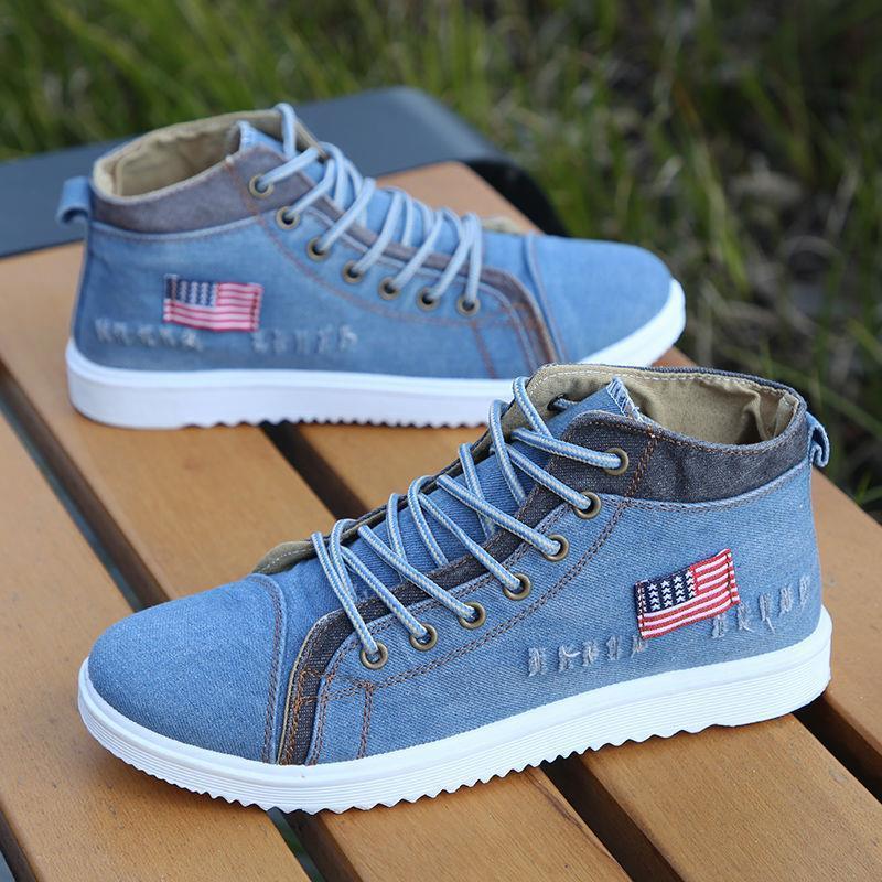 Zapatos Casuales para Hombre Estilo Británico Zapatillas de Lona Denim Botines de Caña Alta Negros para Hombre Calzado Plano Chaussure Homme 2024