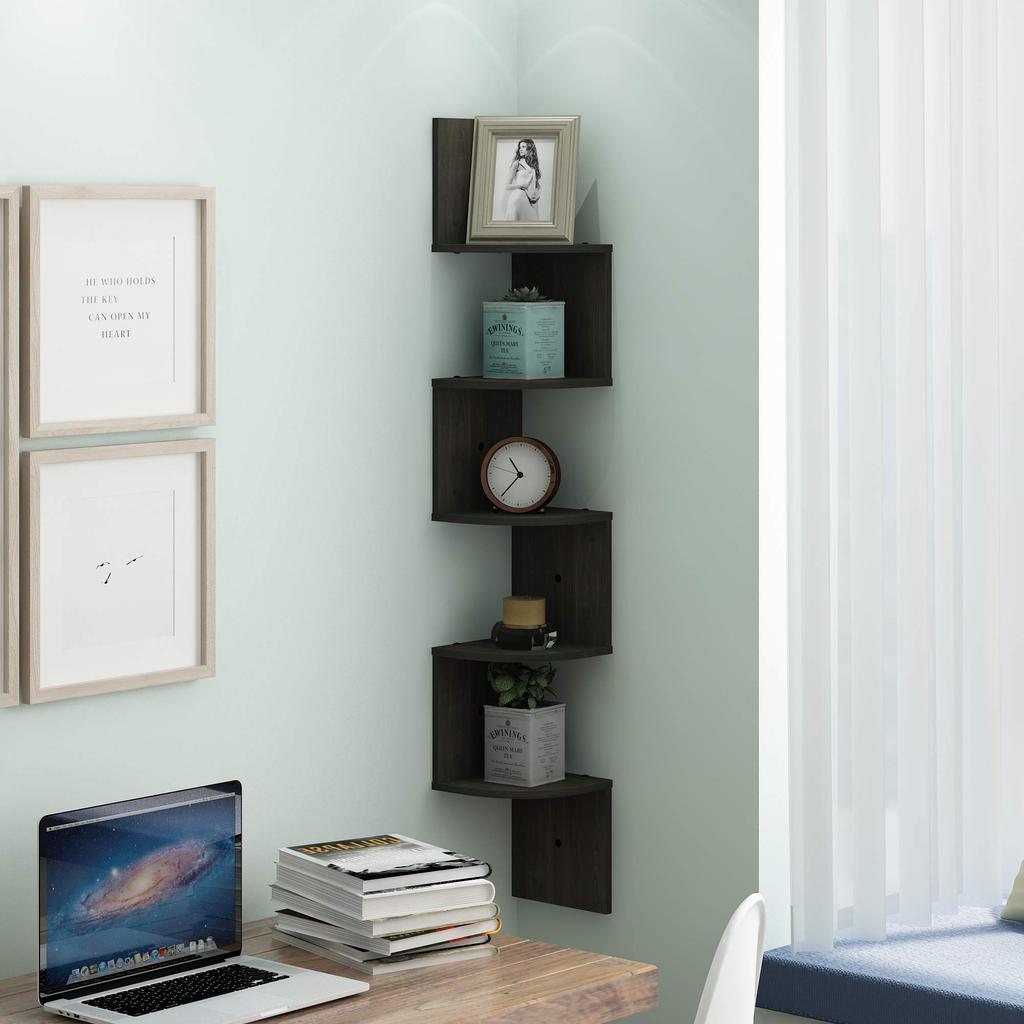 Furinno Rossi Espresso Corner Shelf, 5-Tier Wall-Mounted Floating Shelf [Officially Imported from Japan]