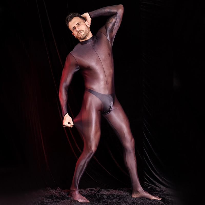 Tuta da uomo sexy, collant lucidi e lucidi, maniche lunghe, tute elastiche alte, body esotico, tuta sottile e trasparente, calze autoreggenti