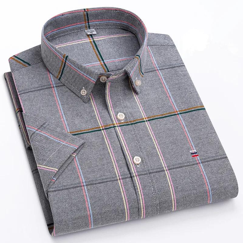 Camicia da Uomo in Cotone Oxford di Alta Qualità a Maniche Corte per l'Estate Comfort Traspirante Classica Tinta Unita a Quadri Business Tempo Libero