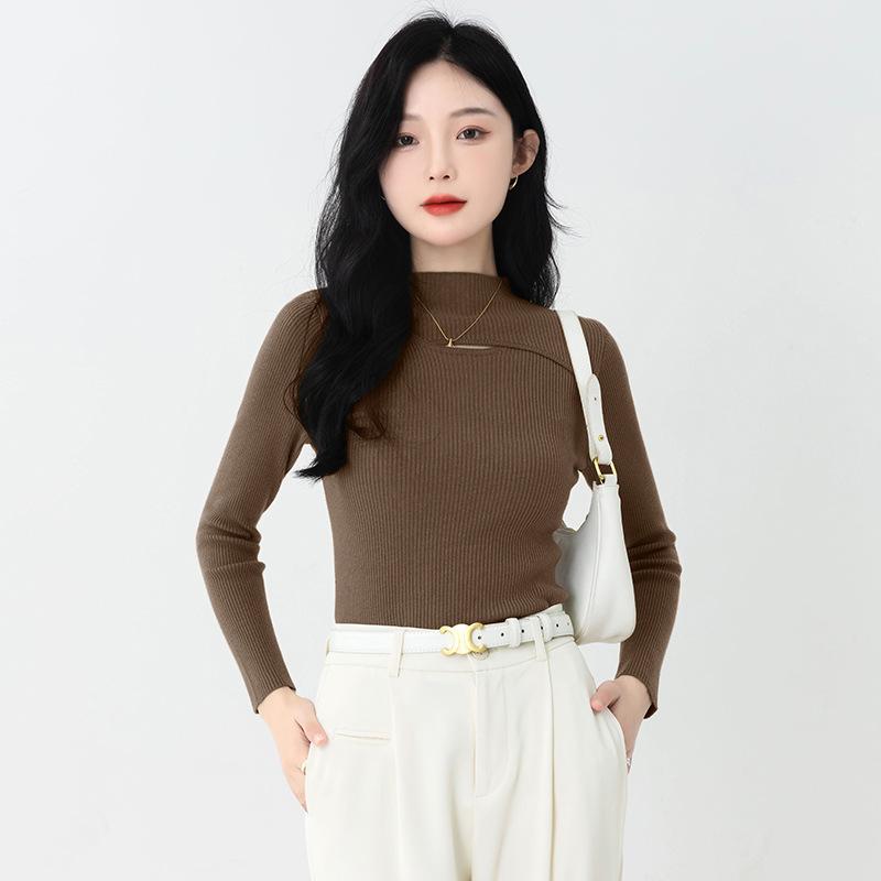 Hollow Out Inner Slim Fit Base Sweater for Women's Autumn and Winter Knitwear Top Semi High Neck Pullover Sweater