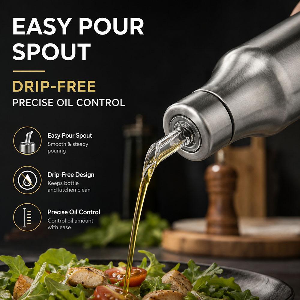 Stainless Steel Oil Dispenser Bottle with Easy Pour Spout Leak Proof Olive Oil Decanter for Kitchen Cooking Salad Dressing