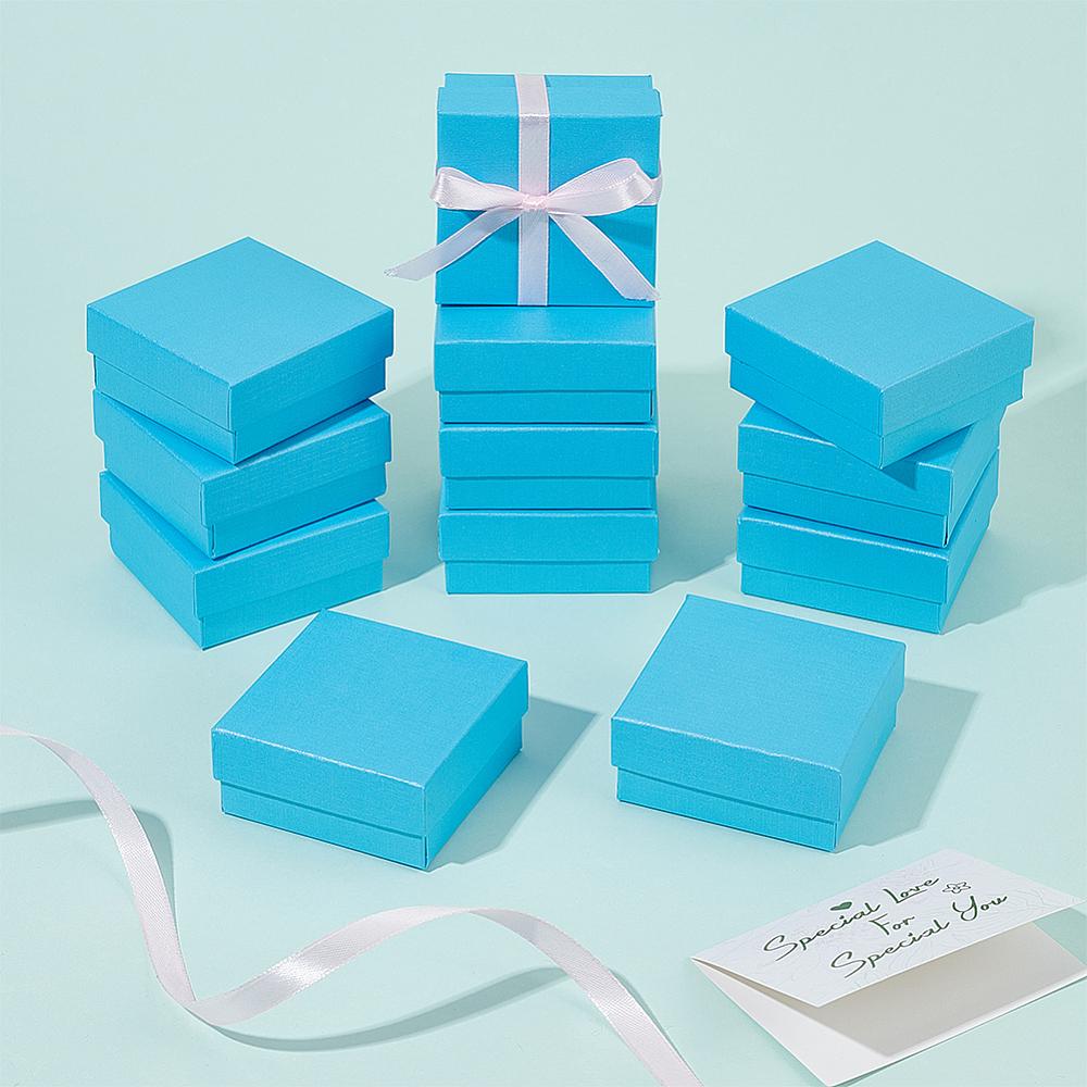 12Pcs Cardboard Jewelry Boxes for Ring Earring Necklace with Sponge Inside Square Light Sky Blue 7.4x7.4x3.2cm