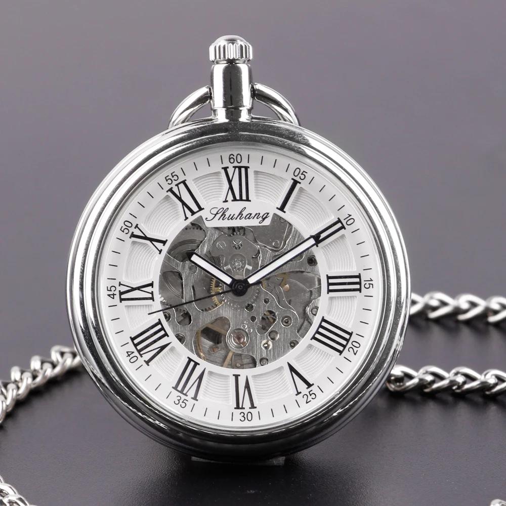 NEW Top Brand Luxury Silver Pocket Watches Mechanical For Men Fashion Gentleman Pocket Watch Hand Wind Casual Chain Fob Watches
