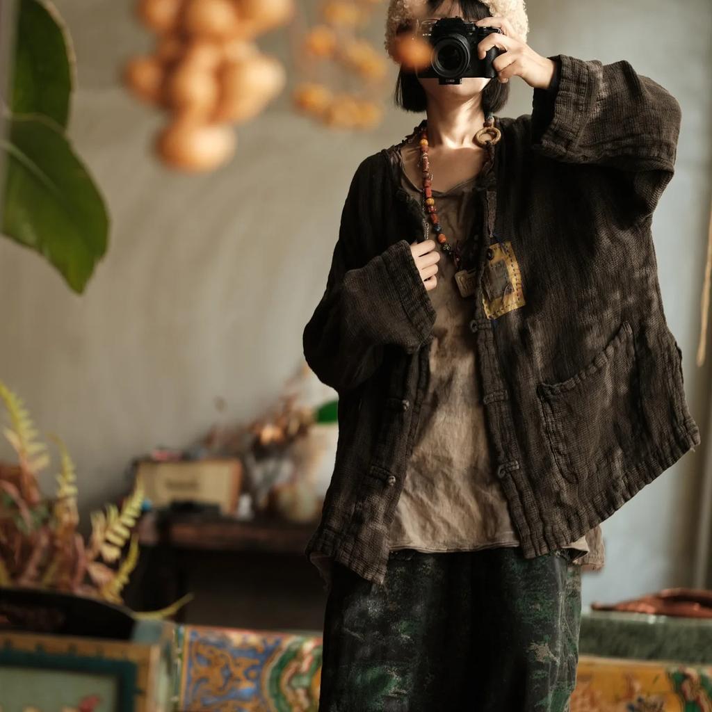 Johnature Women Vintage Shirts Tops Stand Long Sleeve Patchwork High Quality Thick Button Shirts