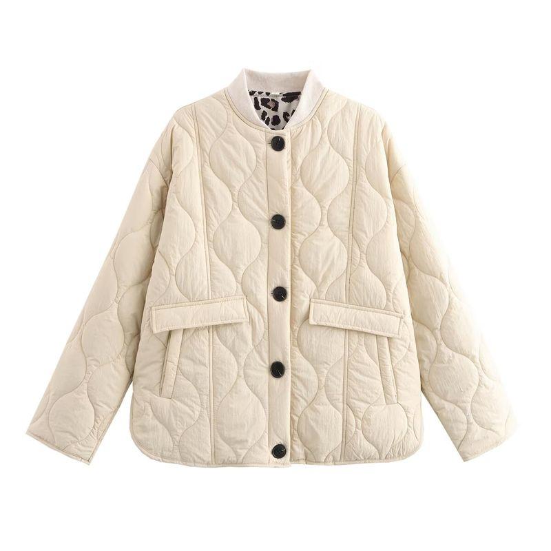 Jnleaog Autumn New Women's Clothing Fashion Style French Fashion All-Match Leopard Print Lining with Thread Collar Cotton-Padded Coat
