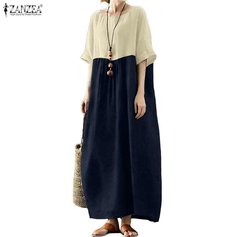 ZANZEA Women Casual Round Neck Half Sleeve Patchwork Long Dress