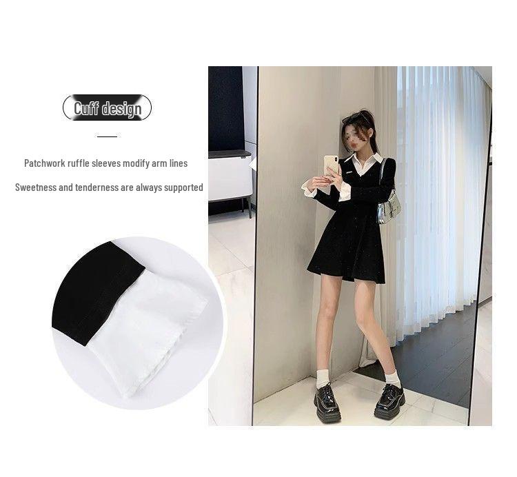 Women's Japanese Style Long Sleeve Polo Dress with Waist-Cinching & Slit A-Line Skirt - Contrasting Colors, Faux Two-Piece, Spring Arrival