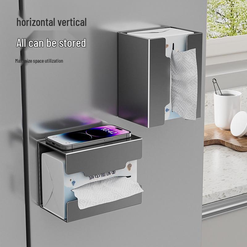 Magnetische Aan de Muur te Bevestigen Keuken Tissuebox en Opbergrek: Zonder boren, Multifunctionele Keukenrolhouder.