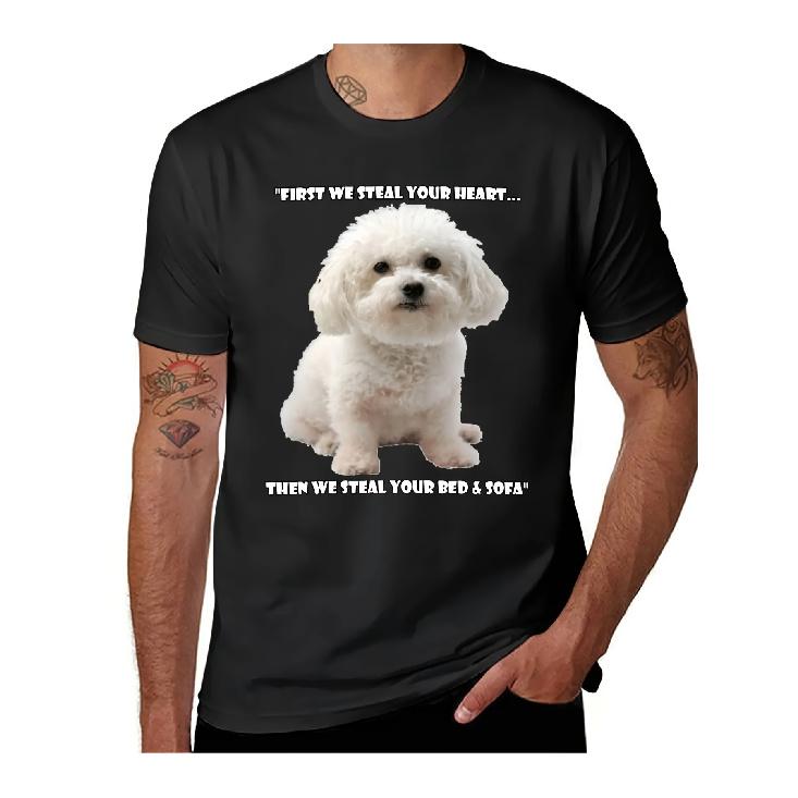 Men s Funny Bichon Frise Dog Lover T-Shirt - Oversized Soft Retro Tee with  First We Steal Your Heart  Slogan & Fluffy White Bichon Puppy Graphic - S чёрный